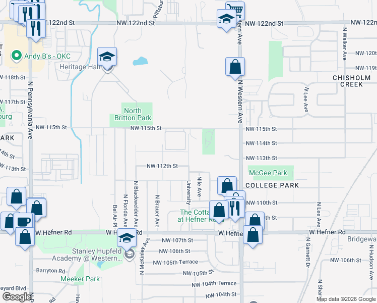map of restaurants, bars, coffee shops, grocery stores, and more near 1400 Northwest 115th Street in Oklahoma City