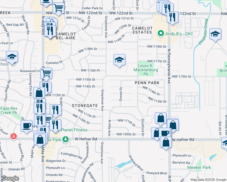 map of restaurants, bars, coffee shops, grocery stores, and more near 2408 Northwest 114th Street in Oklahoma City