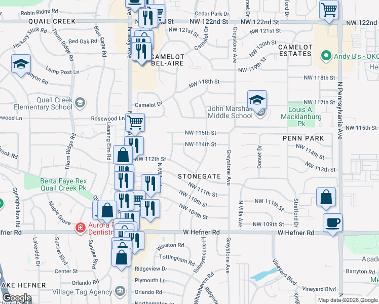 map of restaurants, bars, coffee shops, grocery stores, and more near 2608 Northwest 114th Street in Oklahoma City