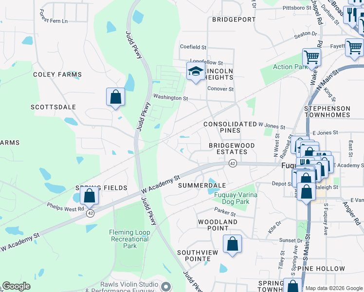 map of restaurants, bars, coffee shops, grocery stores, and more near 214 Loxton Street in Fuquay-Varina