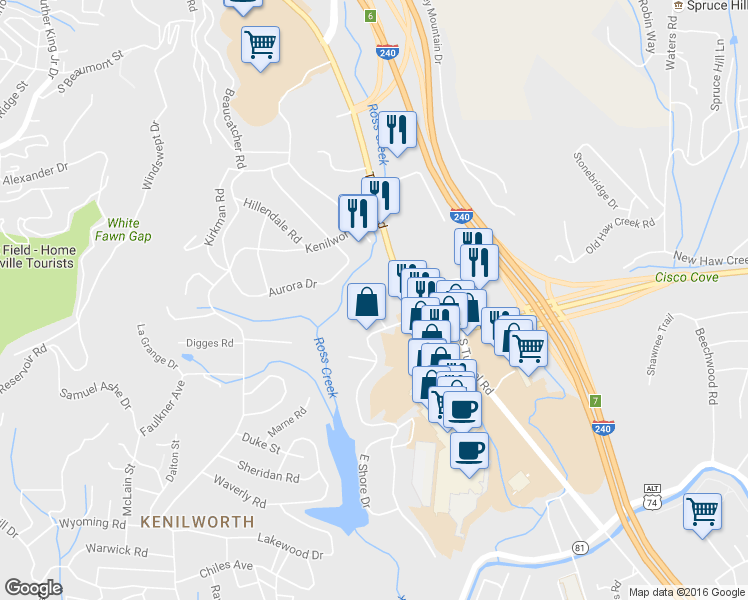 map of restaurants, bars, coffee shops, grocery stores, and more near 25 White Pine Drive in Asheville