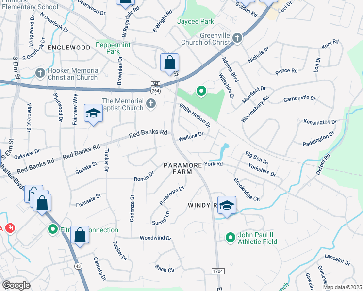 map of restaurants, bars, coffee shops, grocery stores, and more near 2305 East 14th Street in Greenville