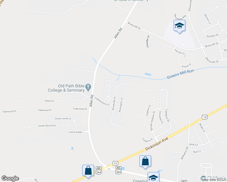 map of restaurants, bars, coffee shops, grocery stores, and more near 2532 Brookville Drive in Greenville