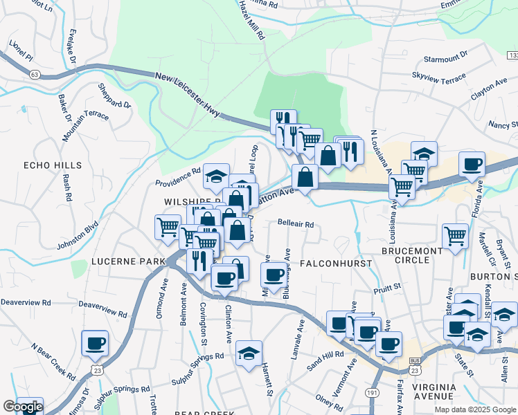 map of restaurants, bars, coffee shops, grocery stores, and more near 12 Mace Avenue in Asheville
