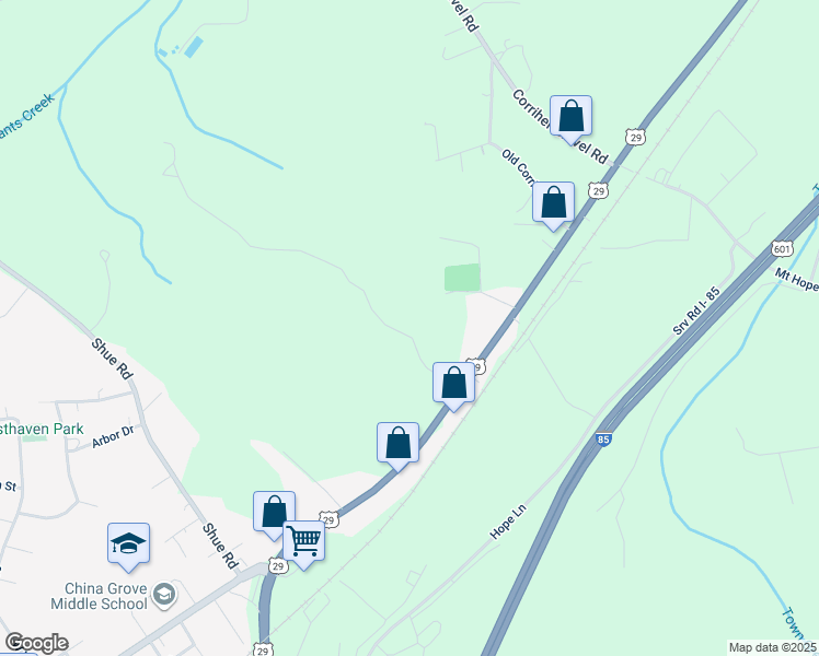 map of restaurants, bars, coffee shops, grocery stores, and more near Collins Road in China Grove