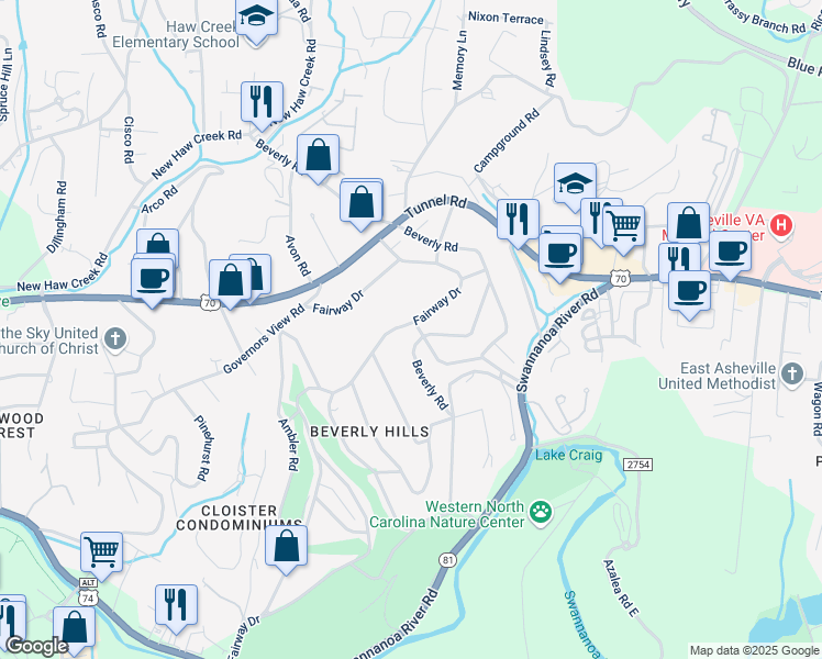 map of restaurants, bars, coffee shops, grocery stores, and more near 94 Fairway Drive in Asheville
