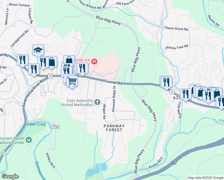 map of restaurants, bars, coffee shops, grocery stores, and more near 8 Pleasant Ridge Drive in Asheville