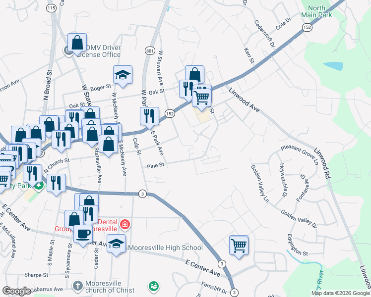 map of restaurants, bars, coffee shops, grocery stores, and more near 111 Teaberry Court in Mooresville
