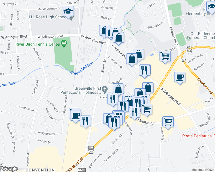 map of restaurants, bars, coffee shops, grocery stores, and more near 117 Heritage Street in Greenville