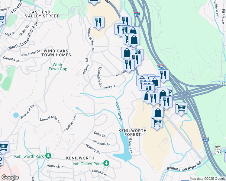 map of restaurants, bars, coffee shops, grocery stores, and more near 135 Aurora Drive in Asheville