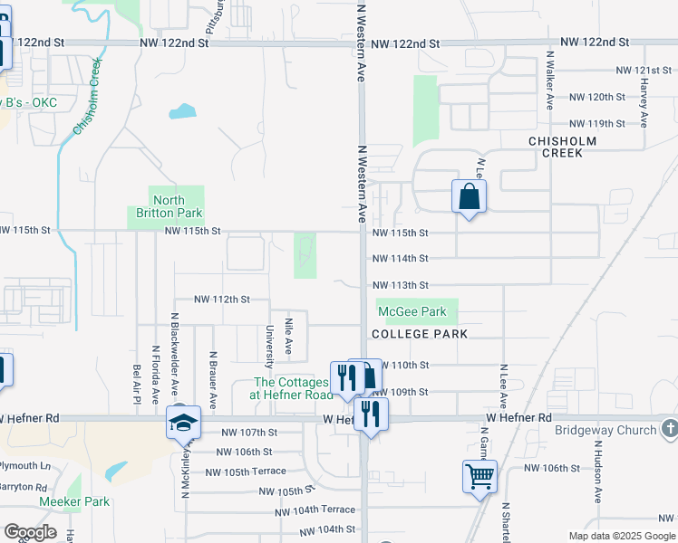 map of restaurants, bars, coffee shops, grocery stores, and more near 11415 North Western Avenue in Oklahoma City