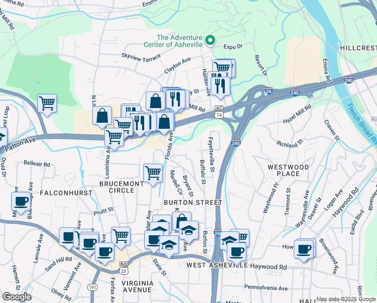 map of restaurants, bars, coffee shops, grocery stores, and more near 83 Boyd Avenue in Asheville