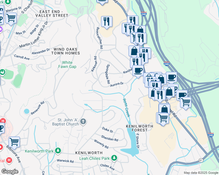 map of restaurants, bars, coffee shops, grocery stores, and more near 121 Aurora Drive in Asheville