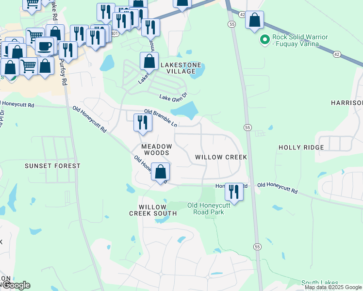 map of restaurants, bars, coffee shops, grocery stores, and more near 1757 Whitbrook Court in Fuquay Varina