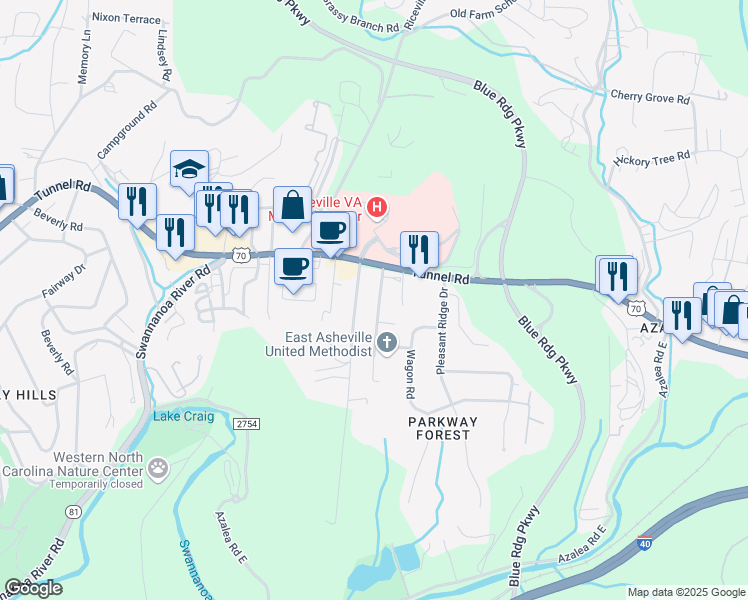 map of restaurants, bars, coffee shops, grocery stores, and more near 13 Browndale Road in Asheville