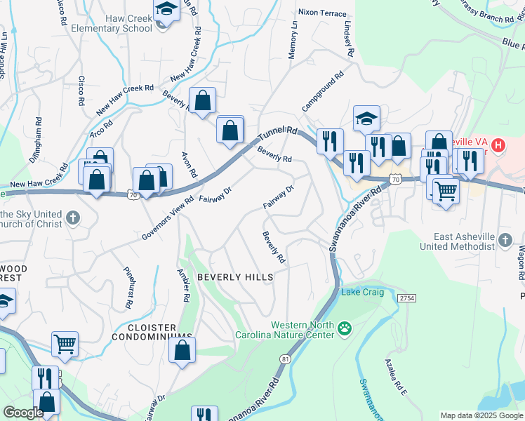 map of restaurants, bars, coffee shops, grocery stores, and more near 94 Fairway Drive in Asheville