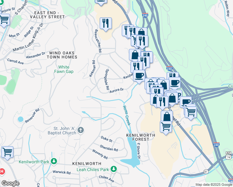 map of restaurants, bars, coffee shops, grocery stores, and more near 135 Aurora Drive in Asheville