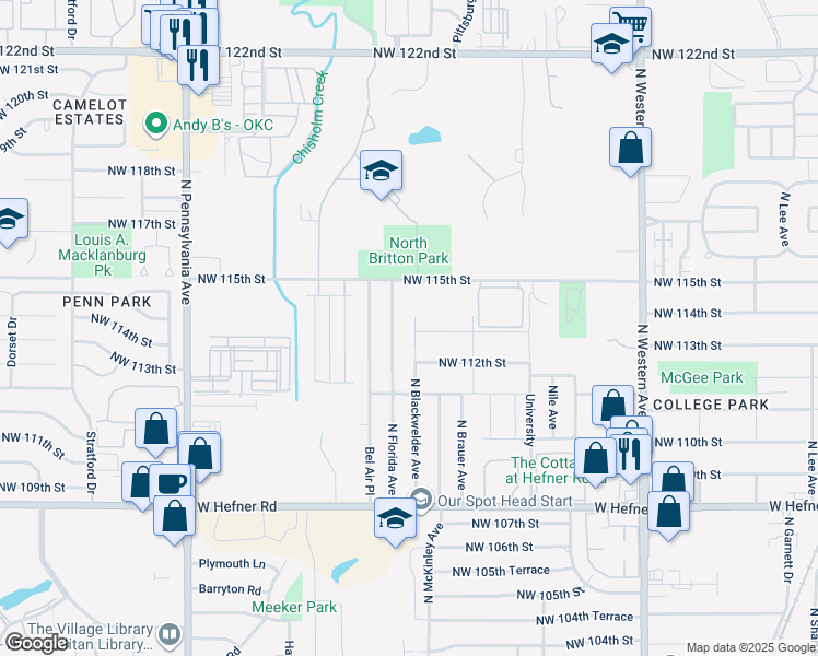 map of restaurants, bars, coffee shops, grocery stores, and more near 11500 North Florida Avenue in Oklahoma City