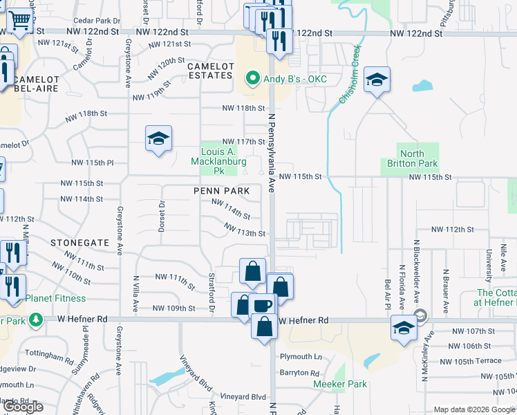 map of restaurants, bars, coffee shops, grocery stores, and more near 11516 North Barnes Avenue in Oklahoma City