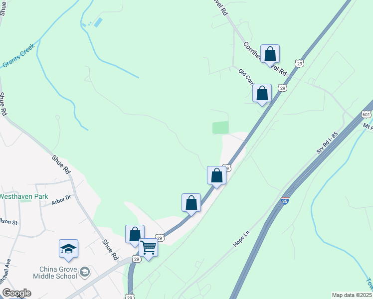 map of restaurants, bars, coffee shops, grocery stores, and more near Collins Road in China Grove