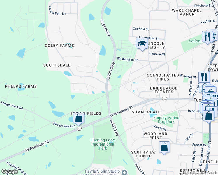 map of restaurants, bars, coffee shops, grocery stores, and more near 229 Coley Farm Road in Fuquay Varina