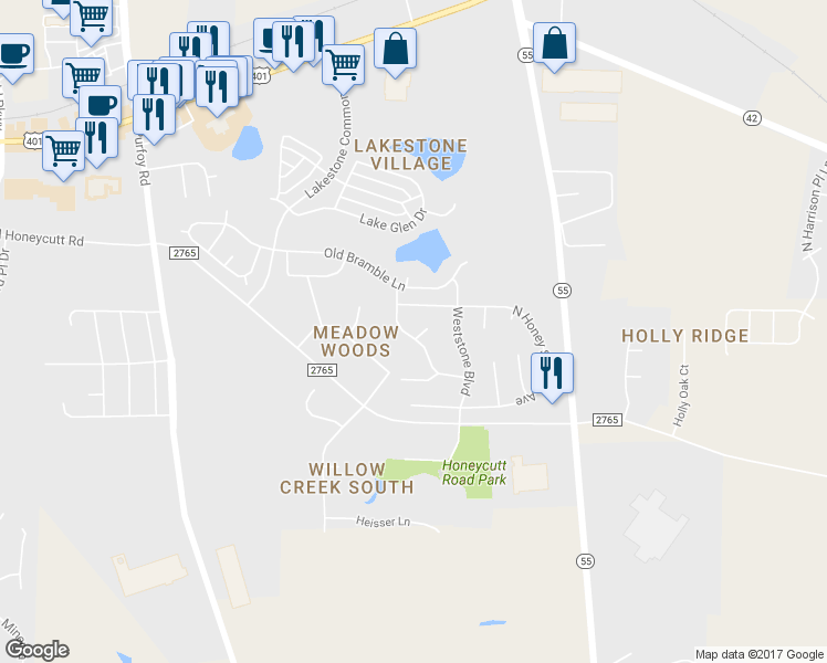 map of restaurants, bars, coffee shops, grocery stores, and more near 1757 Whitbrook Court in Fuquay Varina