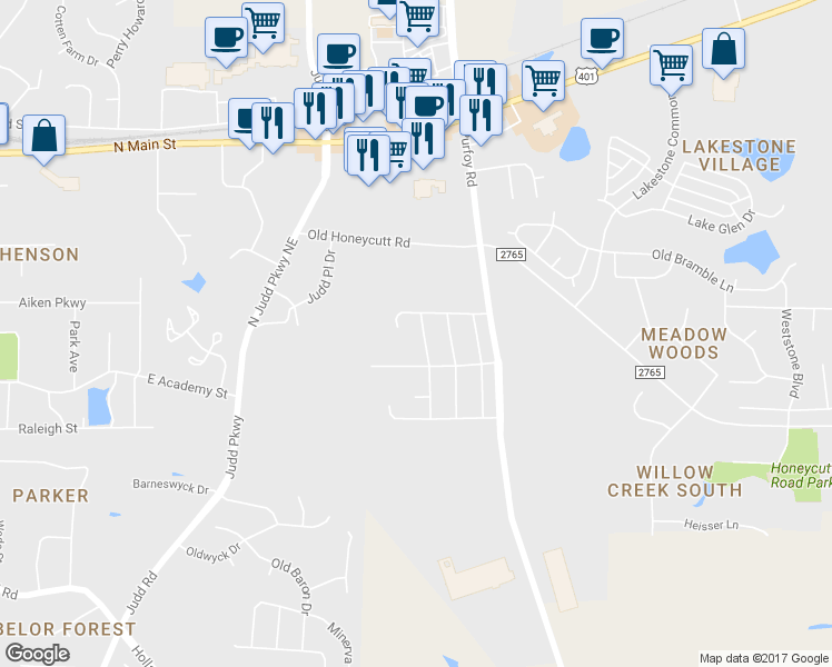 map of restaurants, bars, coffee shops, grocery stores, and more near 109 North Lintel Drive in Fuquay Varina