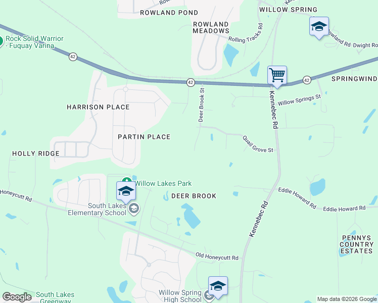 map of restaurants, bars, coffee shops, grocery stores, and more near 7220 Deer Brook Street in Wake County
