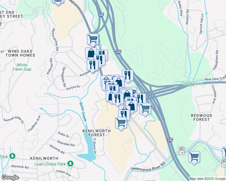 map of restaurants, bars, coffee shops, grocery stores, and more near 242 Tunnel Road in Asheville