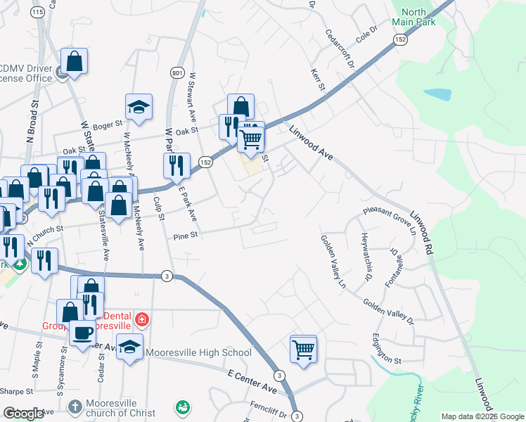 map of restaurants, bars, coffee shops, grocery stores, and more near 1008 Pine Street in Mooresville