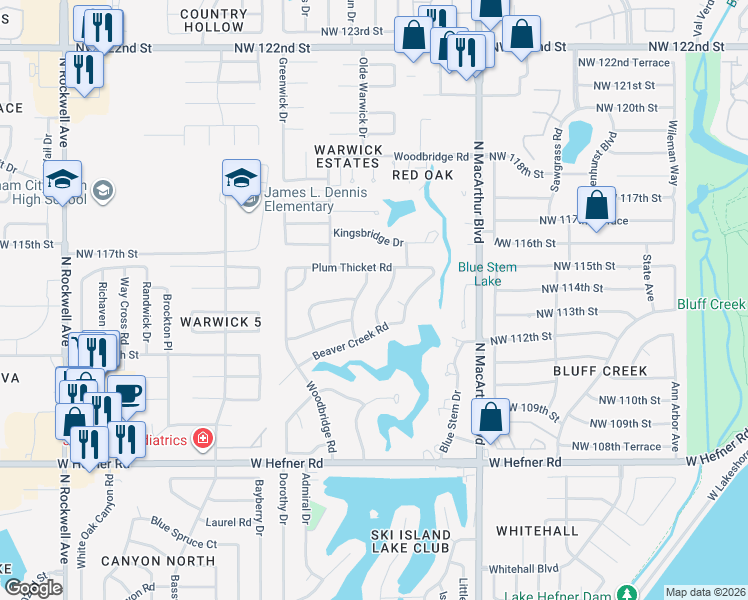 map of restaurants, bars, coffee shops, grocery stores, and more near 11312 Cedar Hollow Road in Oklahoma City