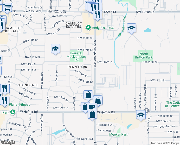 map of restaurants, bars, coffee shops, grocery stores, and more near 11516 North Barnes Avenue in Oklahoma City