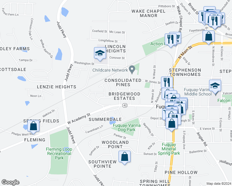 map of restaurants, bars, coffee shops, grocery stores, and more near 507 Dawley Drive in Fuquay-Varina