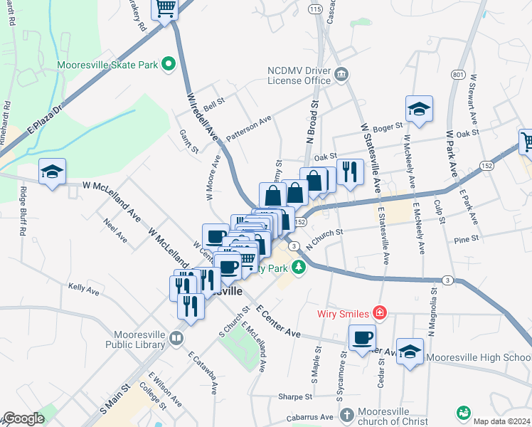 map of restaurants, bars, coffee shops, grocery stores, and more near 241 West Iredell Avenue in Mooresville