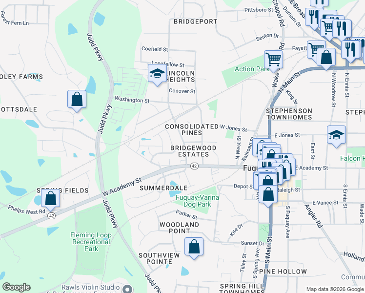 map of restaurants, bars, coffee shops, grocery stores, and more near 503 Dawley Drive in Fuquay-Varina