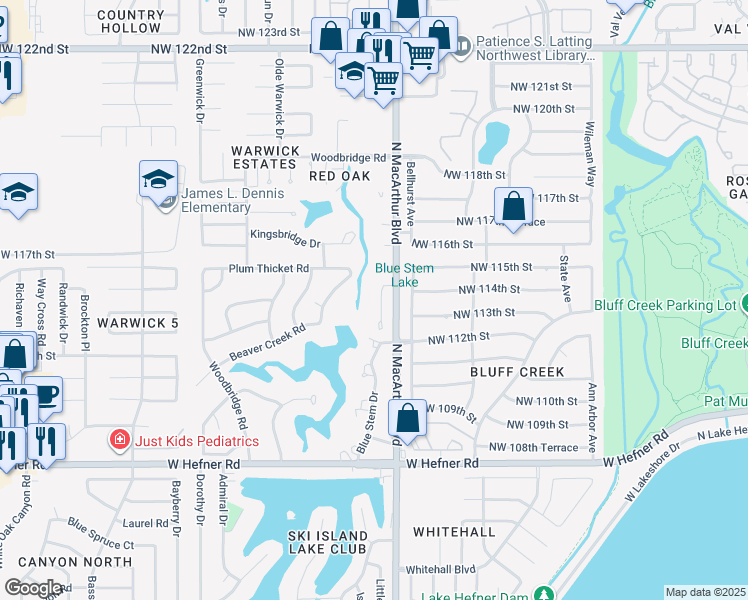 map of restaurants, bars, coffee shops, grocery stores, and more near 11405 Spring Creek Road in Oklahoma City