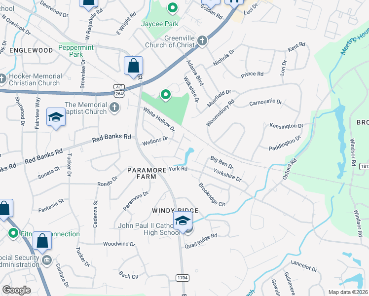 map of restaurants, bars, coffee shops, grocery stores, and more near 2225 Locksley Woods Drive in Greenville