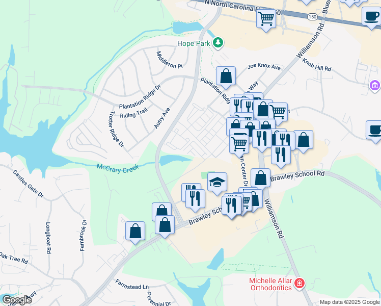 map of restaurants, bars, coffee shops, grocery stores, and more near 107 Certificate Street in Mooresville