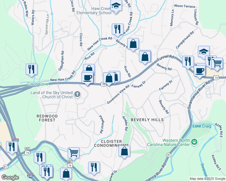 map of restaurants, bars, coffee shops, grocery stores, and more near 158 Arco Road in Asheville