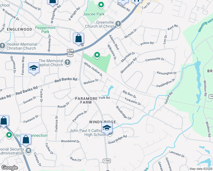 map of restaurants, bars, coffee shops, grocery stores, and more near 2225 Locksley Woods Drive in Greenville