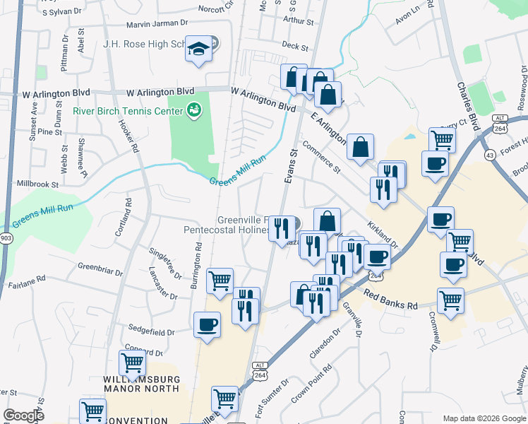map of restaurants, bars, coffee shops, grocery stores, and more near 100 Lakewood Drive in Greenville