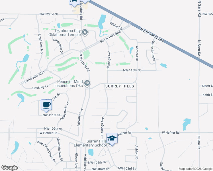 map of restaurants, bars, coffee shops, grocery stores, and more near 11120 Coachmans Road in Yukon