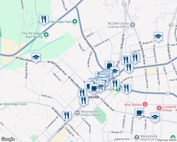 map of restaurants, bars, coffee shops, grocery stores, and more near 342 West Moore Avenue in Mooresville