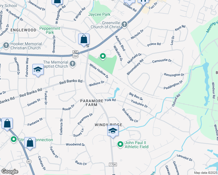 map of restaurants, bars, coffee shops, grocery stores, and more near 2225 Locksley Woods Drive in Greenville