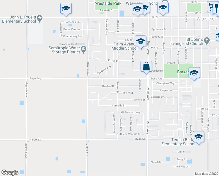 map of restaurants, bars, coffee shops, grocery stores, and more near 2601 Garden Street in Wasco