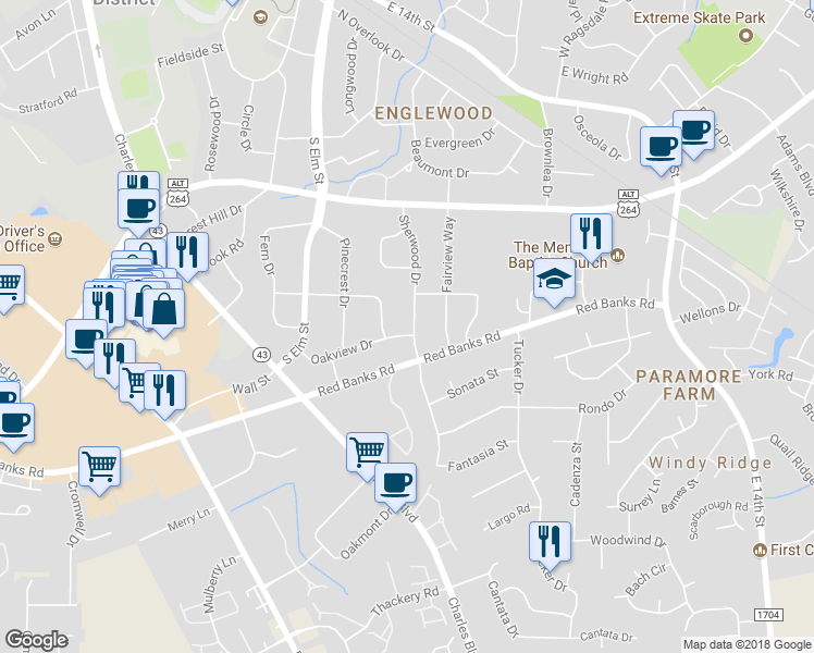 map of restaurants, bars, coffee shops, grocery stores, and more near 2007 Sherwood Drive in Greenville
