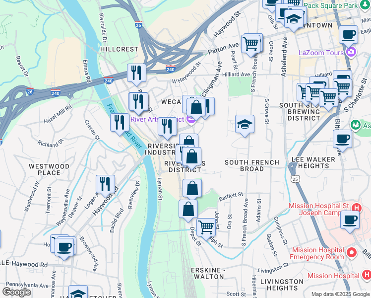 map of restaurants, bars, coffee shops, grocery stores, and more near 76 Park Square in Asheville