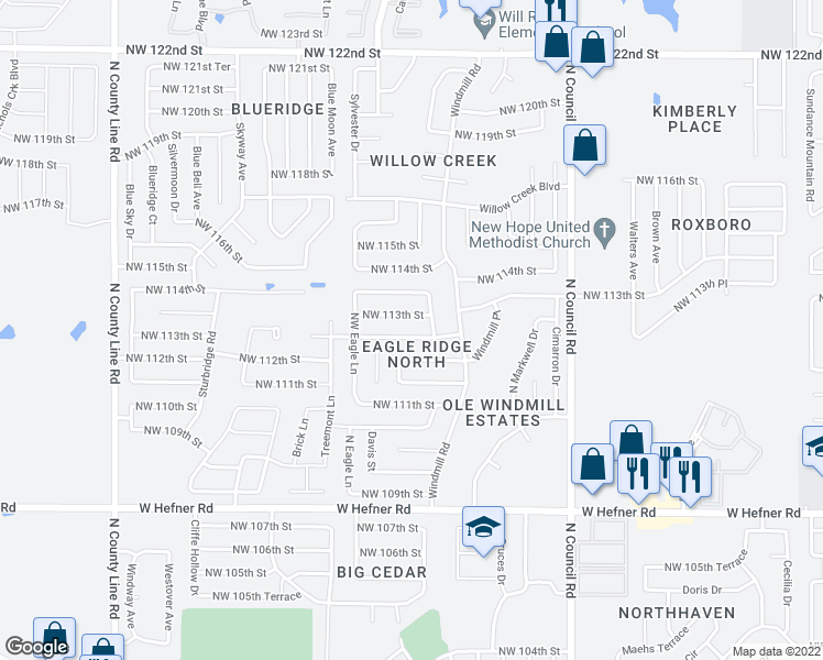map of restaurants, bars, coffee shops, grocery stores, and more near 8313 Northwest 112th Terrace in Oklahoma City