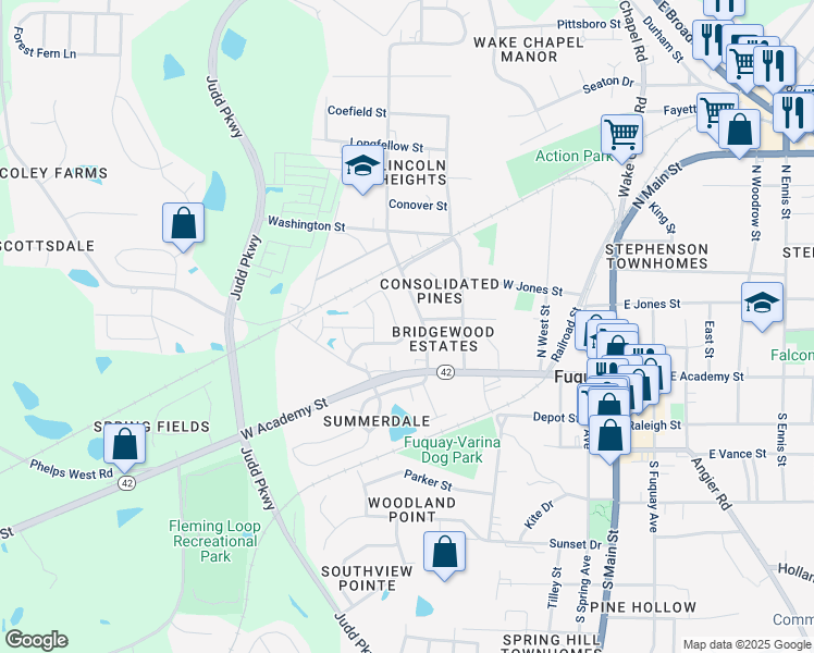 map of restaurants, bars, coffee shops, grocery stores, and more near 515 Dawley Drive in Fuquay-Varina
