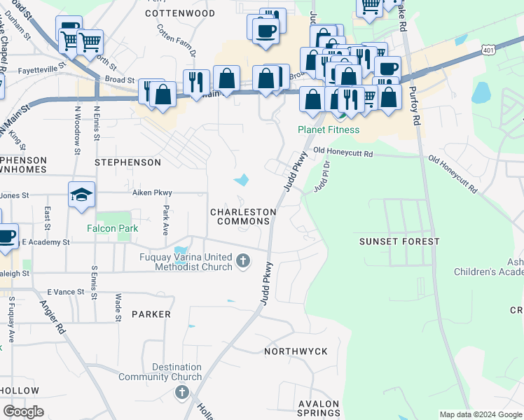 map of restaurants, bars, coffee shops, grocery stores, and more near 1008 Loganberry Court in Fuquay Varina
